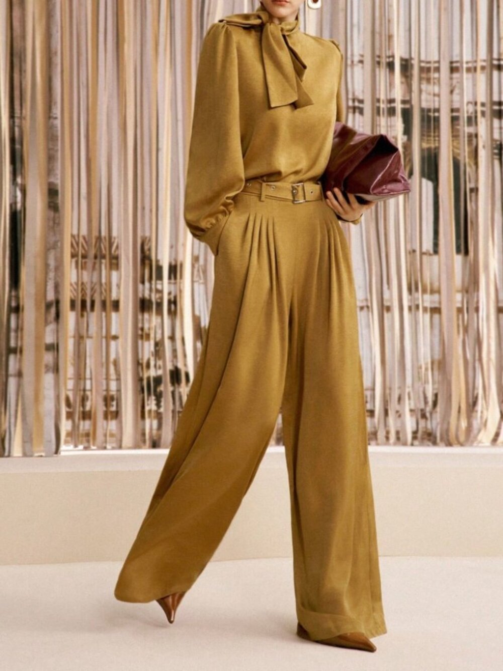 Chartreuse Tie Neck Blouse & Belted Wide Leg Pants Set